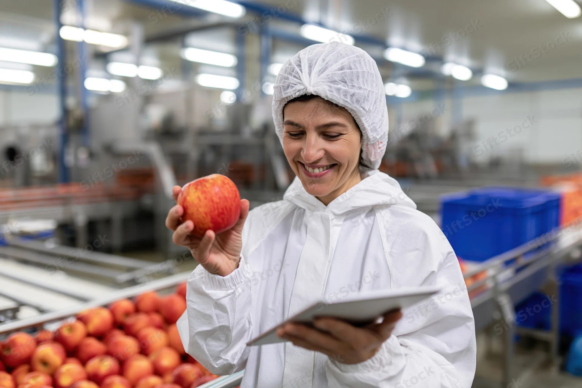 Woman in white protective suit inspecting apple with tablet in food processing factory
