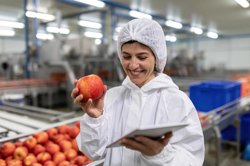 Woman in white protective suit inspecting apple with tablet in food processing factory