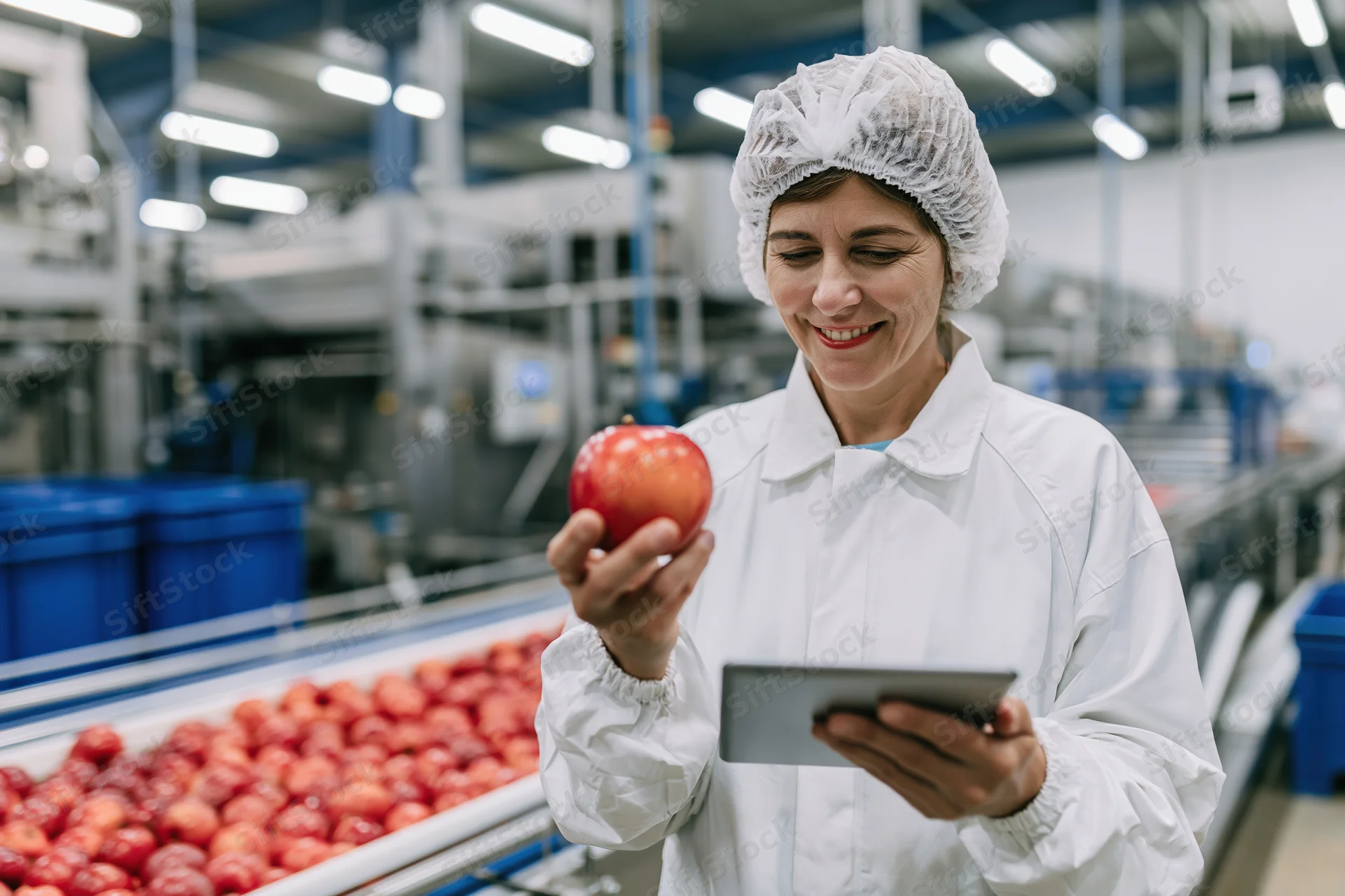 Woman in white protective suit inspecting apple with tablet in food processing factory
