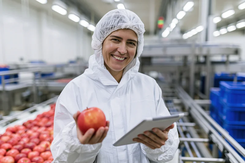 Woman in white protective suit holding apple and tablet in food processing factory