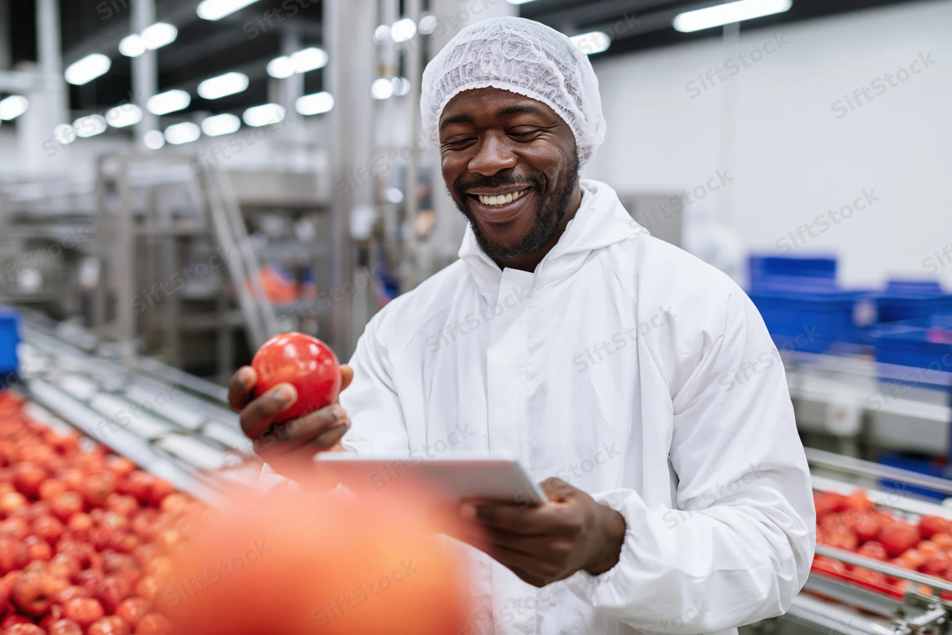 Male worker in white protective suit smiling while inspecting a tomato and using a tablet in a food processing factory