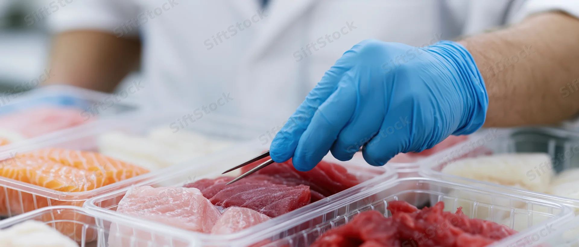 Inspector in lab coat using tweezers to examine raw fish fillets in plastic containers