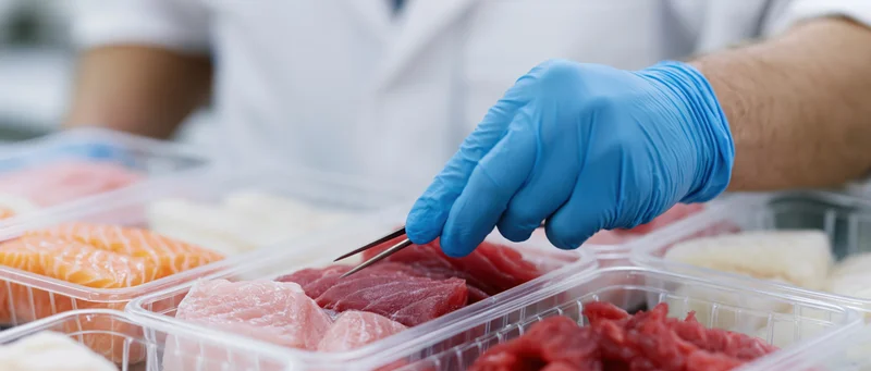 Inspector in lab coat using tweezers to examine raw fish fillets in plastic containers