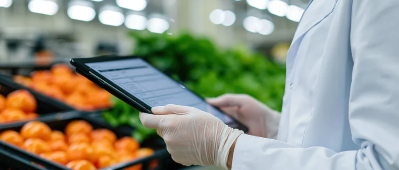 Food quality inspector in white lab coat and latex gloves holding tablet while checking produce in supermarket
