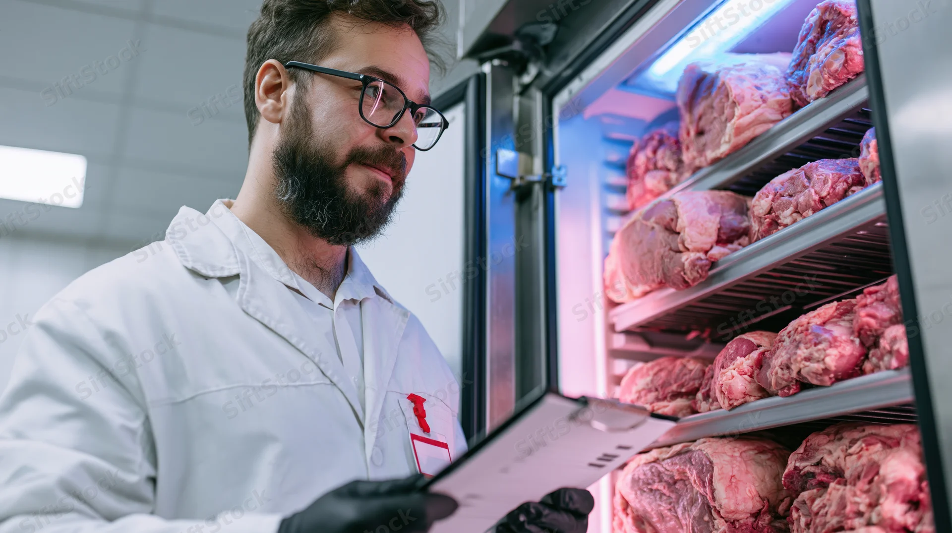 Man in white lab coat inspecting raw meat in refrigerator with clipboard