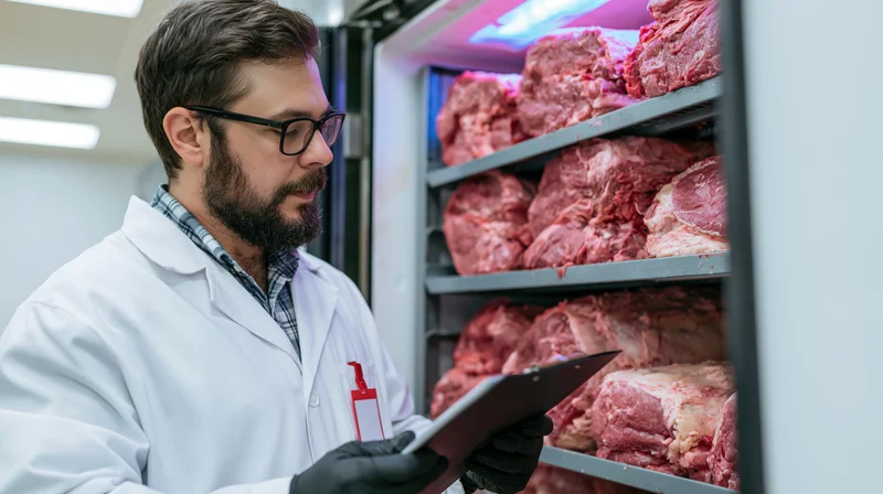 Food safety inspector in white lab coat holding clipboard while examining raw meat in refrigerator