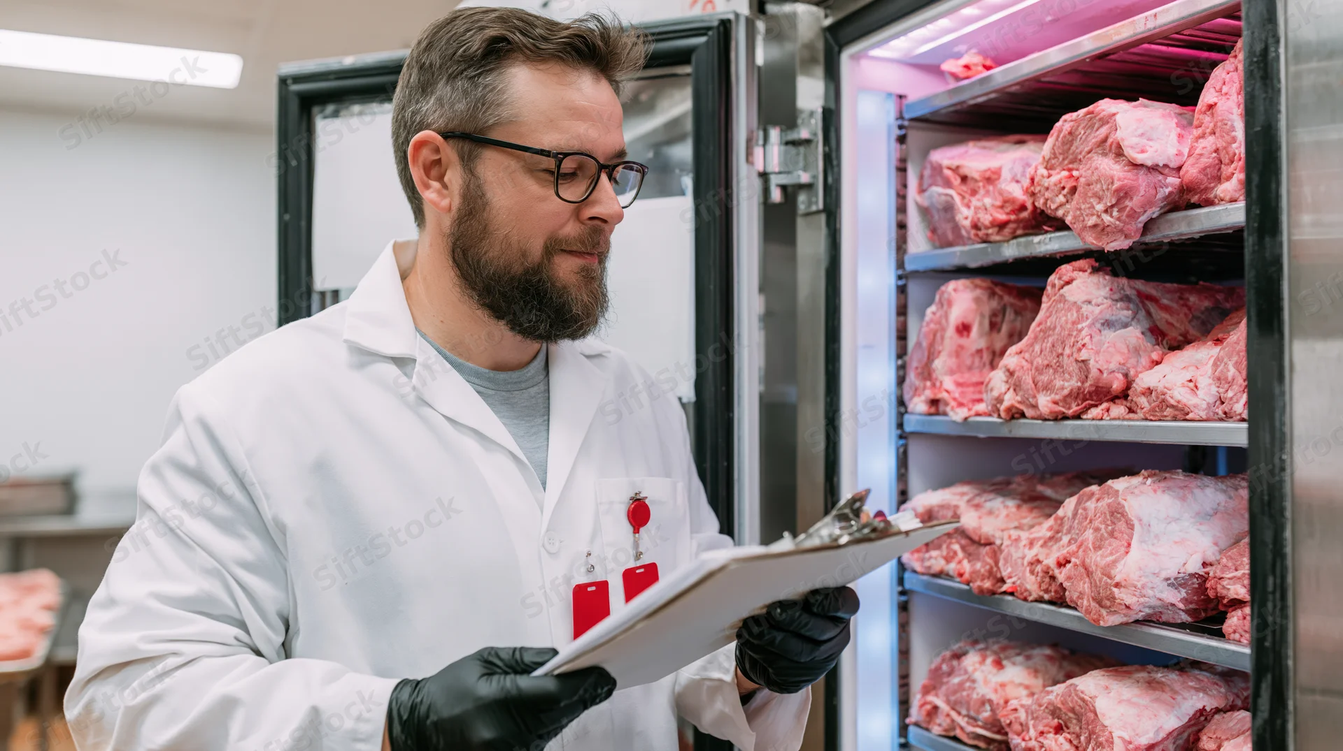 Food safety inspector in white lab coat and black gloves examining clipboard while standing by open refrigerator filled with raw meat shelves