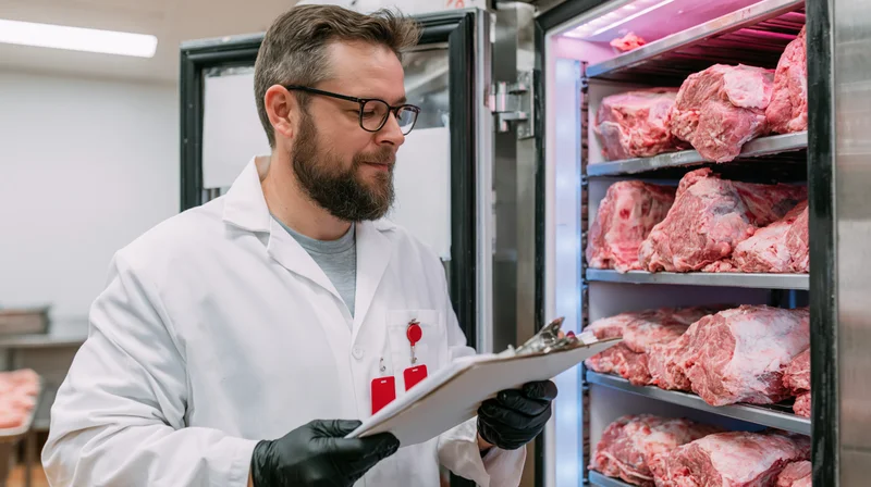 Food safety inspector in white lab coat and black gloves examining clipboard while standing by open refrigerator filled with raw meat shelves