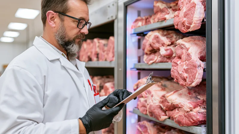 Food safety inspector in lab coat holding clipboard while checking meat in refrigerated storage