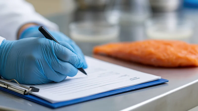 Food safety inspector writing on a clipboard in a lab with salmon on a stainless steel counter