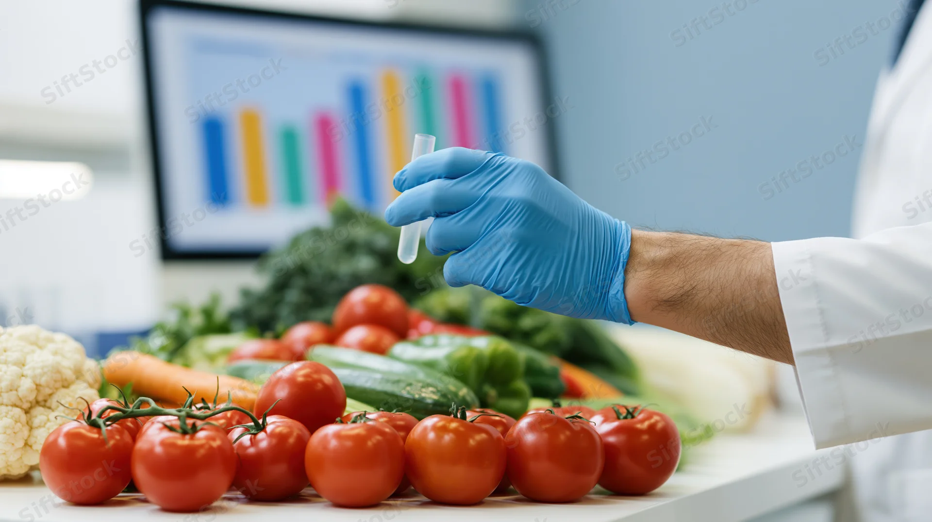 Scientist in blue latex gloves holding test tube over vegetables on lab table with data chart on screen in background