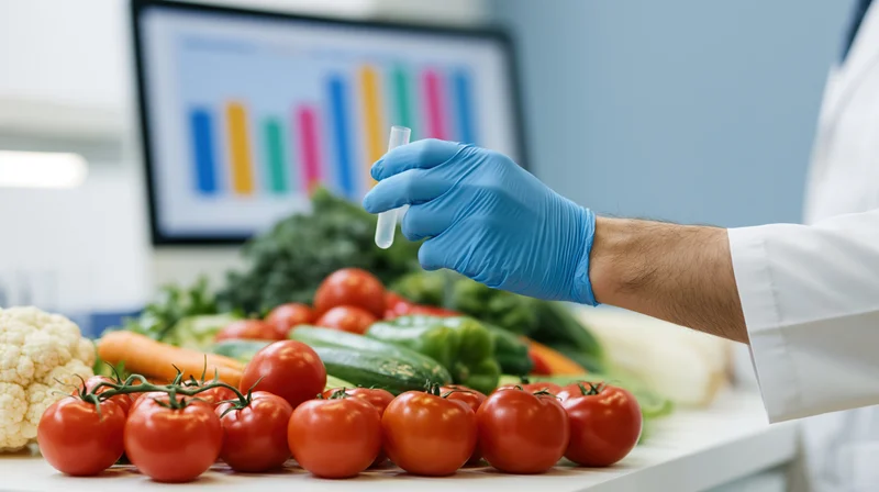 Scientist in blue latex gloves holding test tube over vegetables on lab table with data chart on screen in background