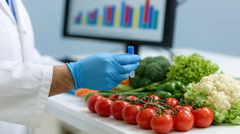 Scientist in labcoat holding test tube over fresh vegetables on lab desk