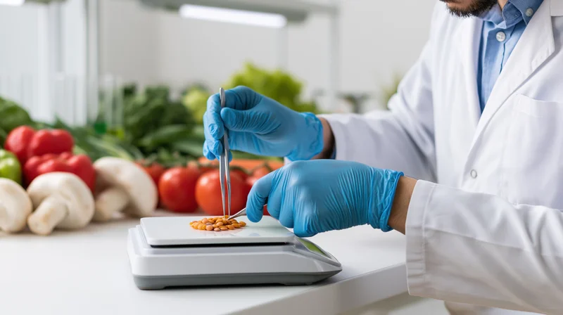 Food safety technician weighing beans on a digital scale in a lab with vegetables in the background