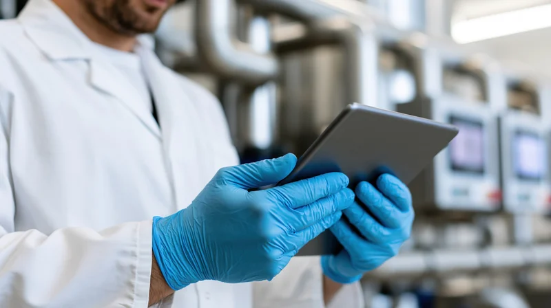Food safety technician in white lab coat and blue nitrile gloves holding tablet in industrial facility