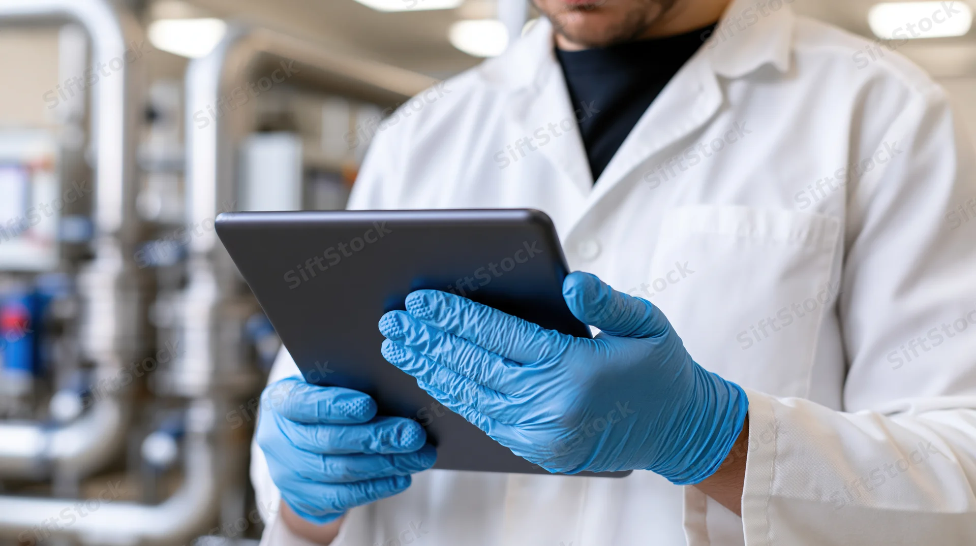 Food safety technician in white lab coat holding tablet in industrial facility