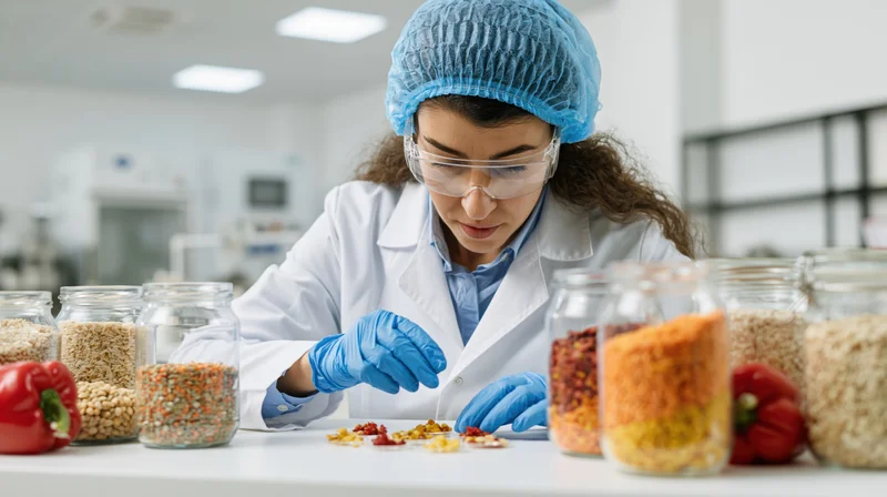 Woman in lab coat and blue hairnet examining food samples on countertop in laboratory
