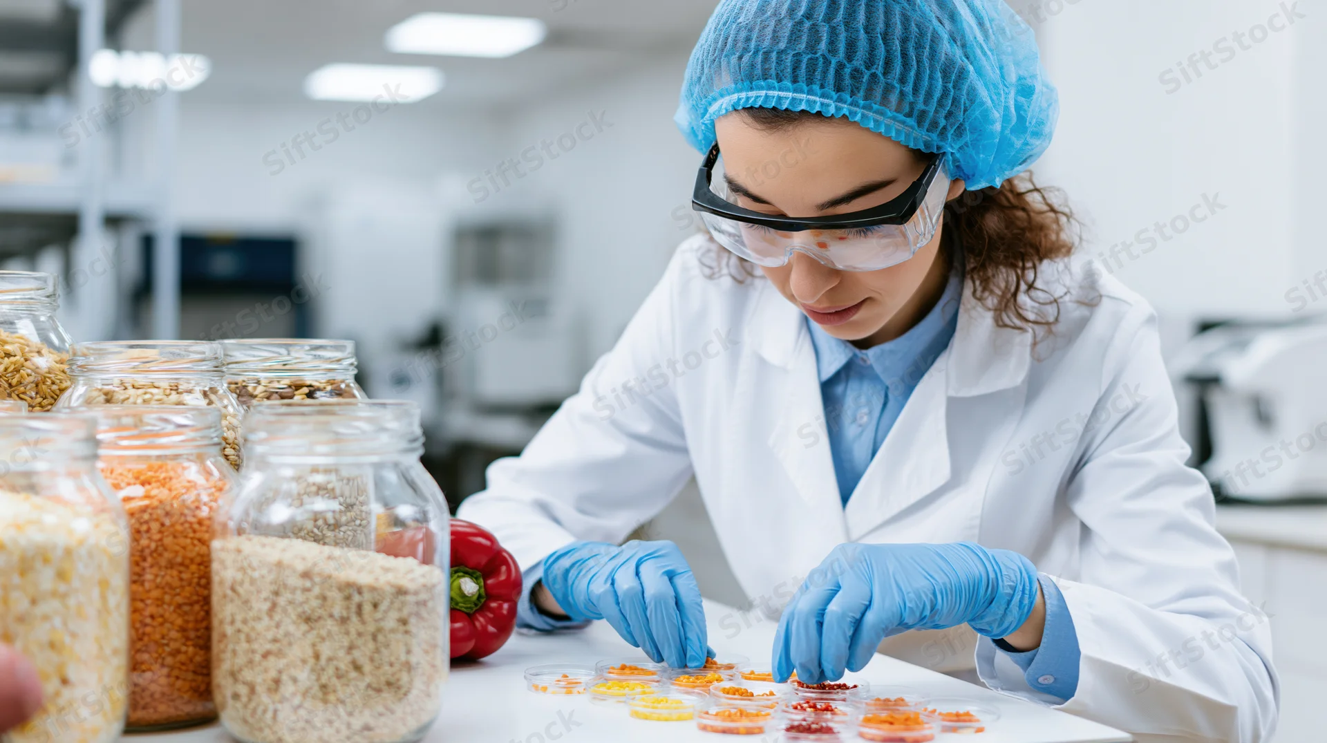 Food safety technician in white lab coat and blue hairnet examining grains in a laboratory