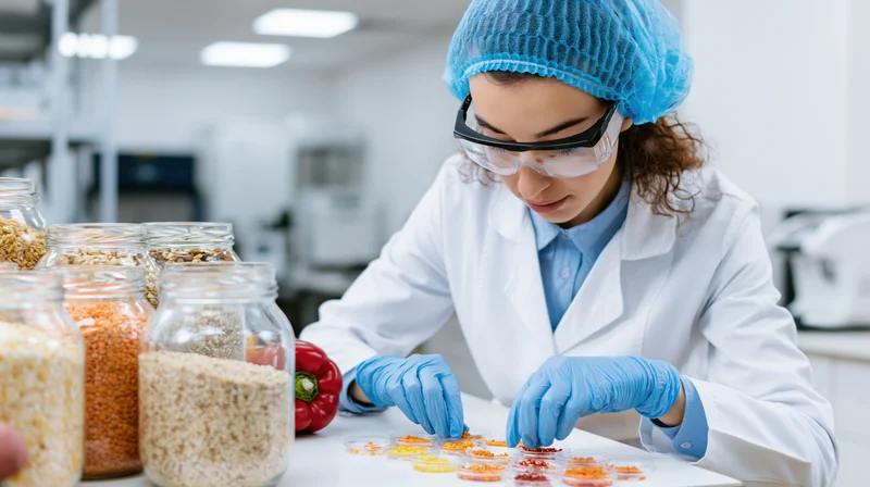 Food safety technician in white lab coat and blue hairnet examining grains in a laboratory