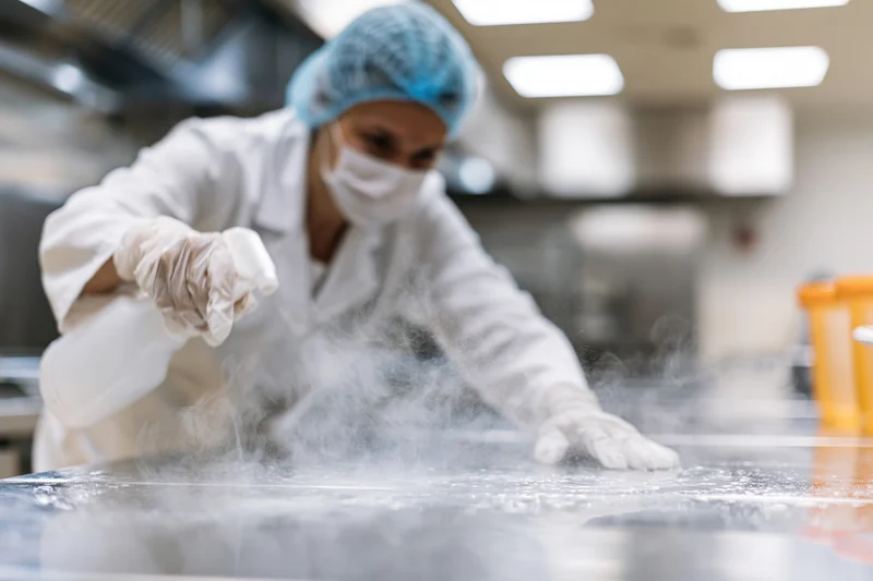 Woman in lab coat and mask spraying disinfectant on stainless steel countertop in food processing facility