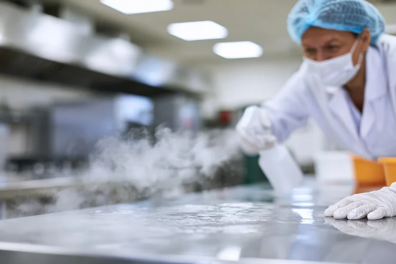 Woman in lab coat and mask handling cold vapor on stainless steel table in food processing facility
