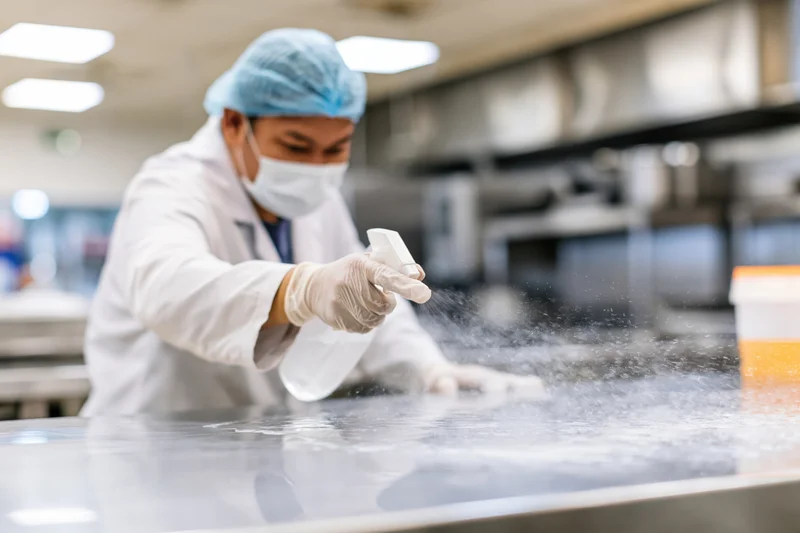 Man in lab coat and mask spraying disinfectant on stainless steel surface in food processing facility