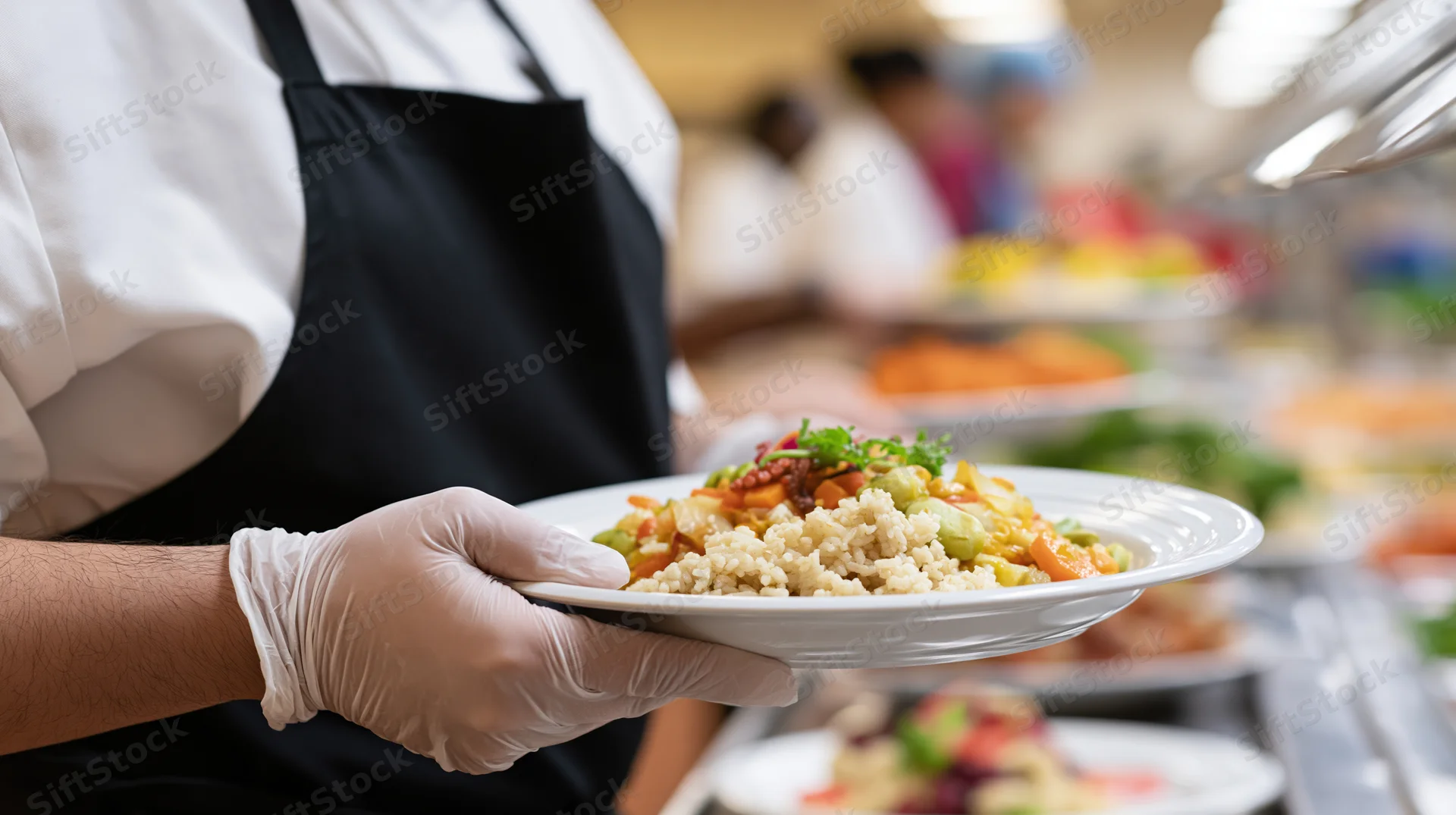 Food service worker holding a plated meal in a cafeteria buffet line