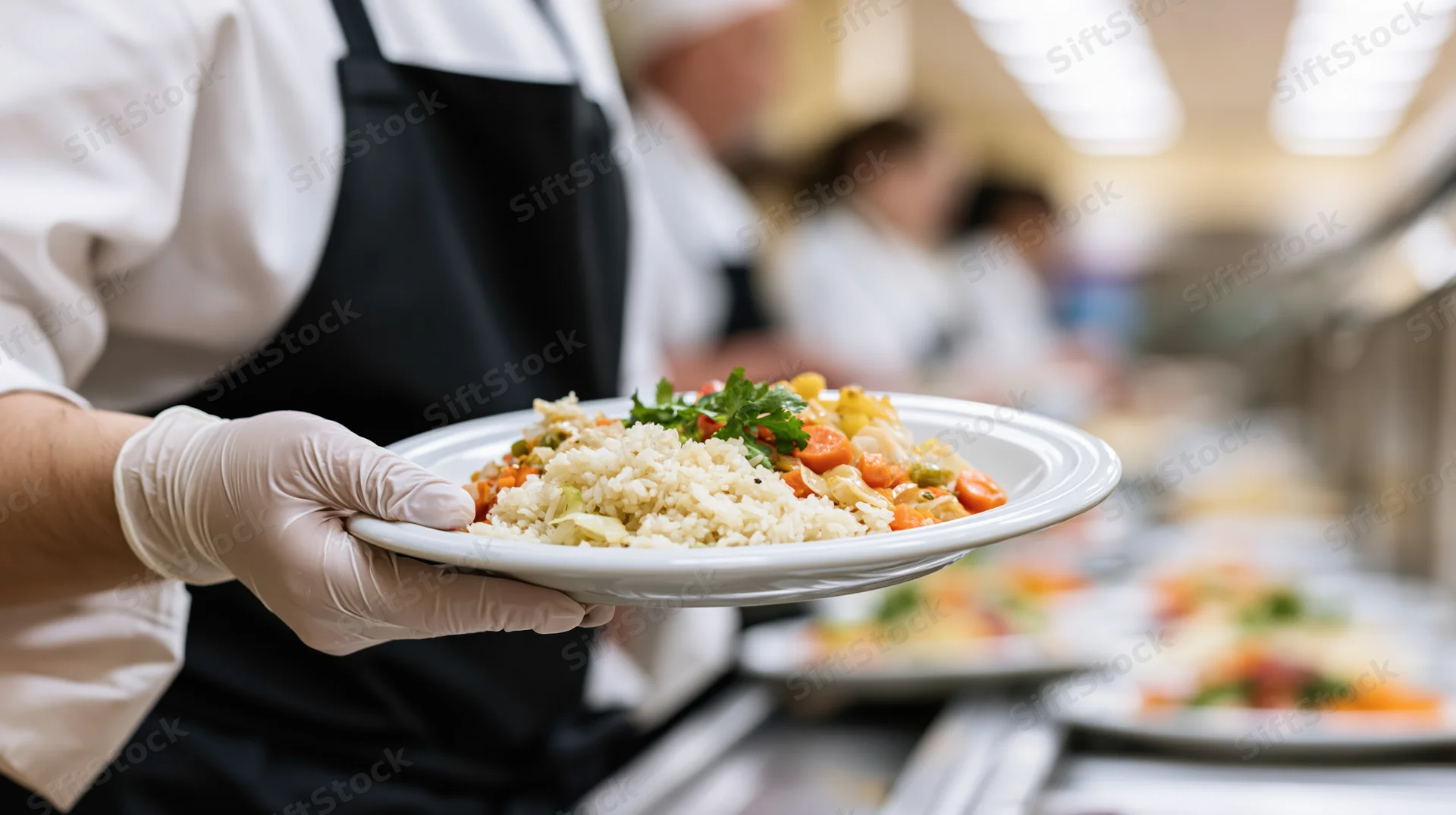 Chef holding a plated meal in a commercial kitchen