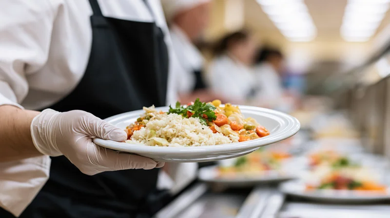 Chef holding a plated meal in a commercial kitchen