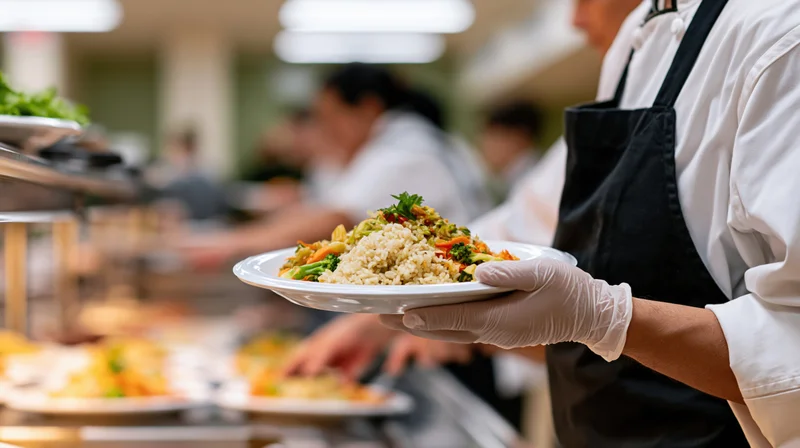Food service worker holding a plate of rice and vegetables in a cafeteria