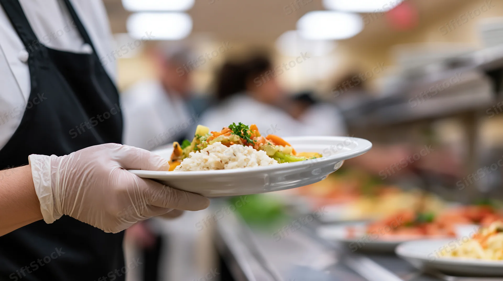 Food service worker holding a plate of rice and vegetables in a cafeteria
