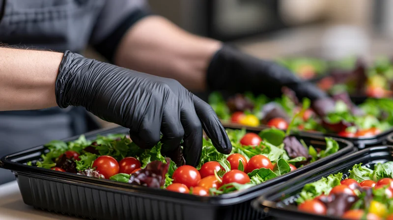 Food service worker arranging fresh salad in black containers with cherry tomatoes and mixed greens