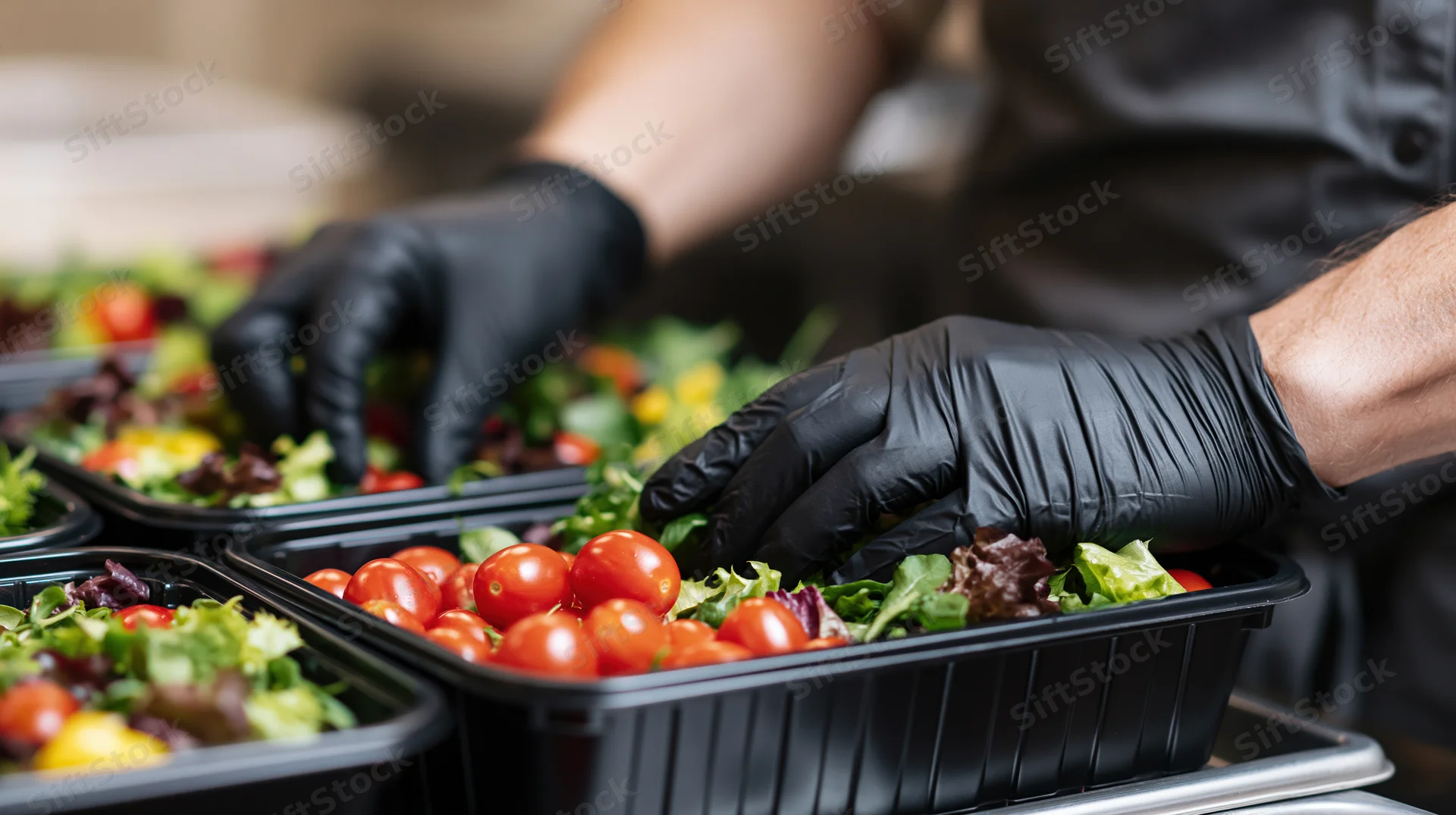 Food service worker preparing salads with cherry tomatoes and lettuce in black containers