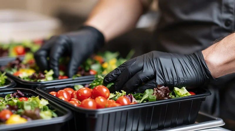 Food service worker preparing salads with cherry tomatoes and lettuce in black containers