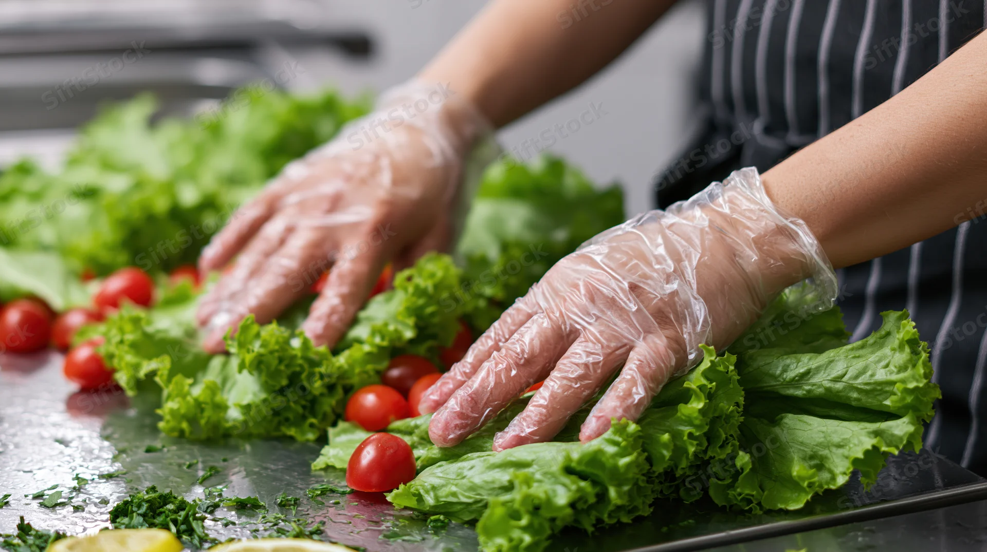 Food service worker arranging fresh lettuce and cherry tomatoes on a stainless steel countertop while wearing clear disposable vinyl gloves