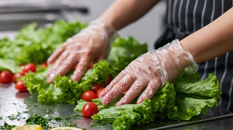 Food service worker arranging fresh lettuce and cherry tomatoes on a stainless steel countertop while wearing clear disposable vinyl gloves