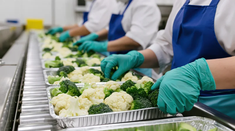 Food service workers placing broccoli and cauliflower into aluminum trays on a conveyor line