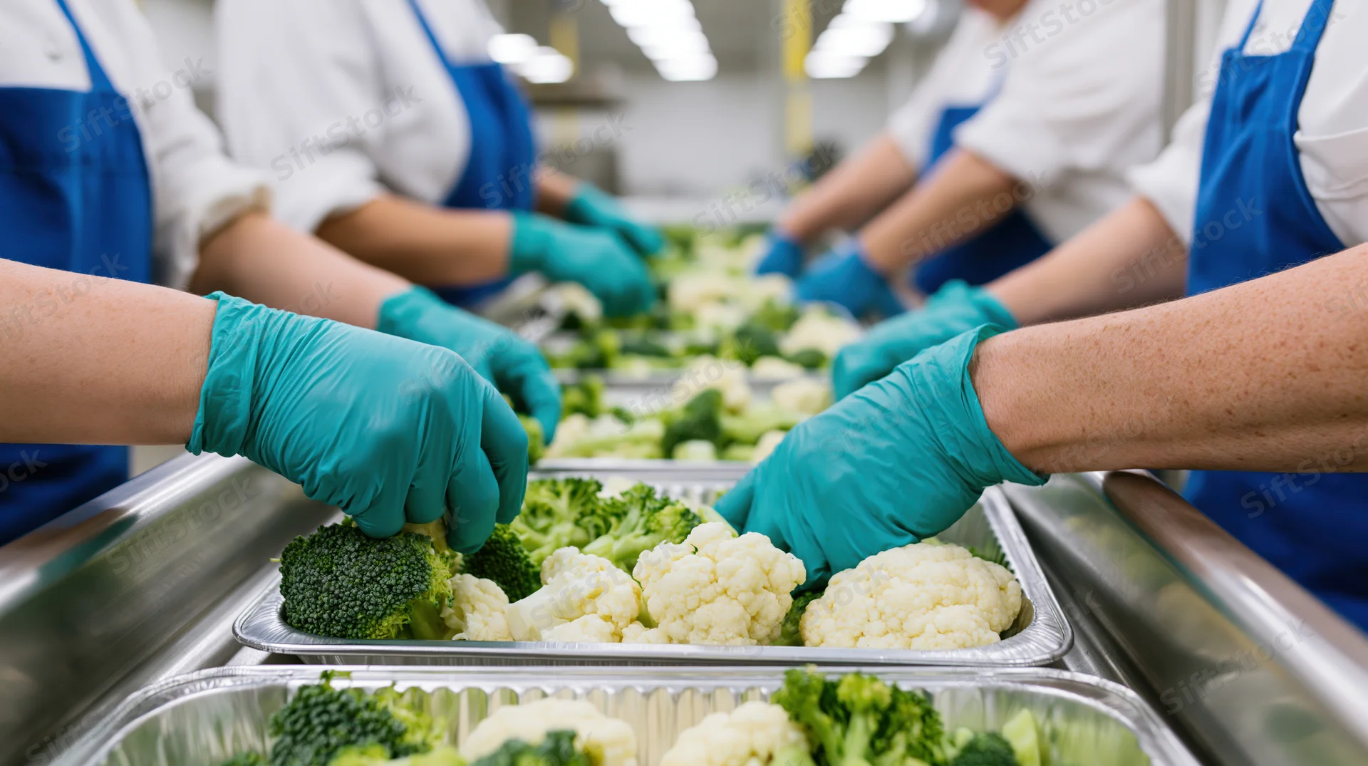 Food service workers sorting broccoli and cauliflower on a conveyor line in a processing plant