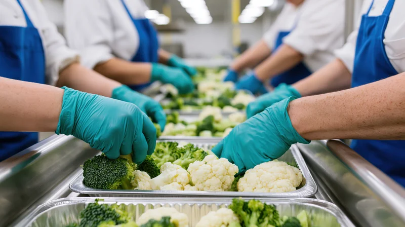 Food service workers sorting broccoli and cauliflower on a conveyor line in a processing plant