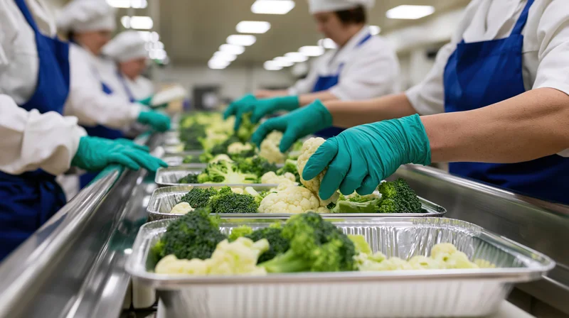 Food service workers placing broccoli and cauliflower into aluminum trays on a conveyor line in a cafeteria kitchen