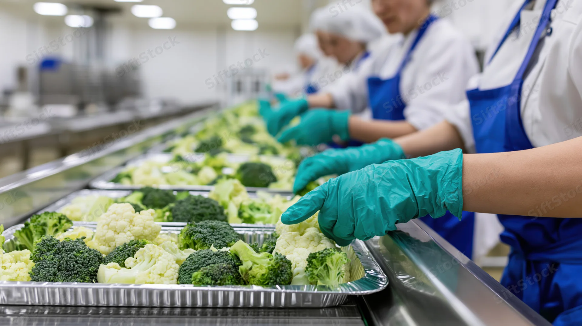 Food service workers sorting broccoli and cauliflower on a conveyor tray line in a processing facility