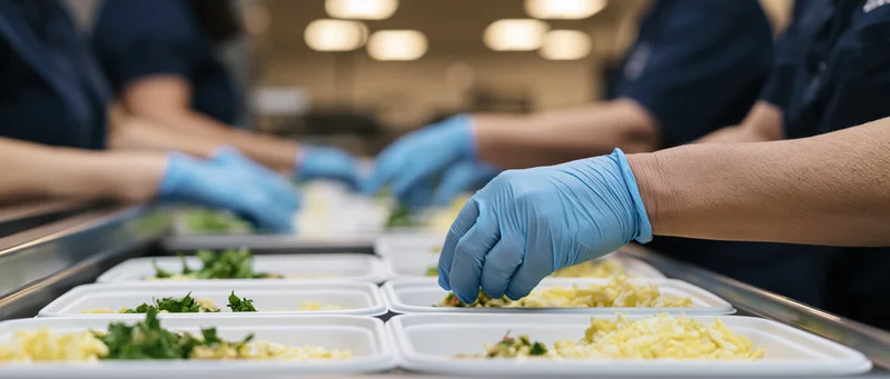Food service workers in blue nitrile gloves arranging meals on trays in a commercial kitchen