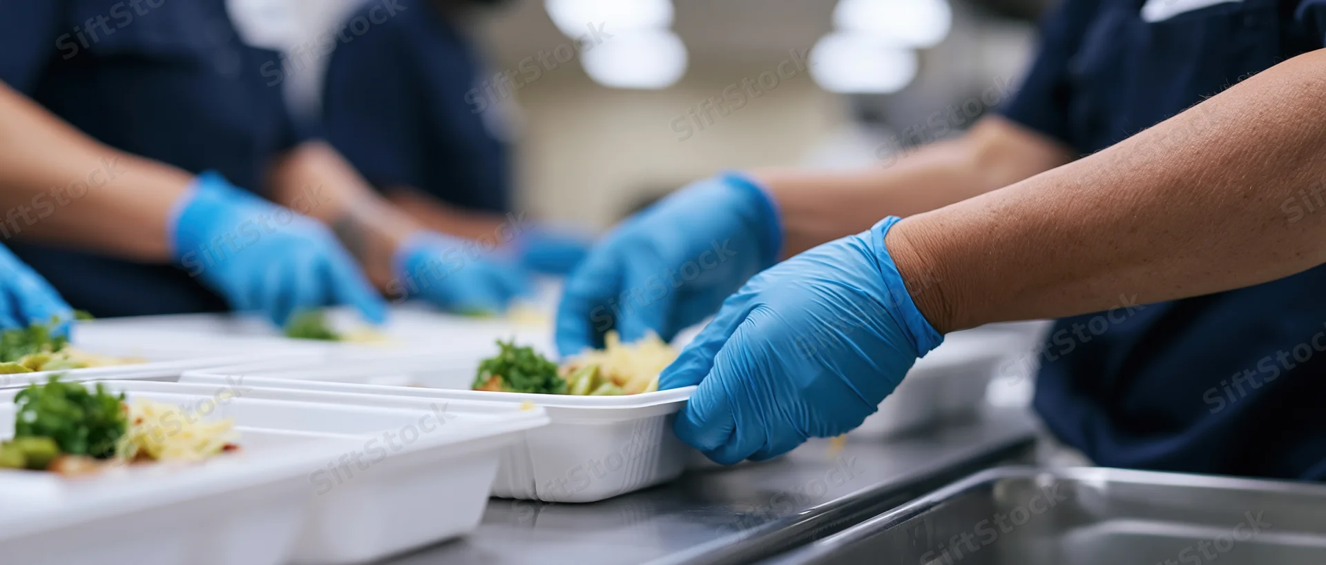 Food service workers in blue nitrile gloves assembling meals on a stainless steel counter