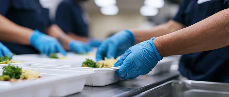 Food service workers in blue nitrile gloves assembling meals on a stainless steel counter