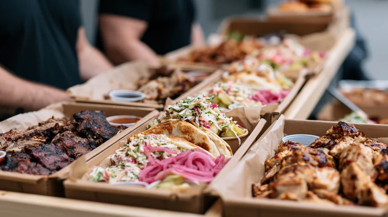 Barbecue tacos and grilled meats served in cardboard trays at a food stall counter
