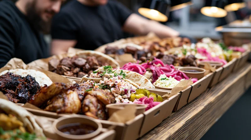 Food stall counter lined with cardboard trays filled with grilled meats, tacos, and condiments on a wooden table