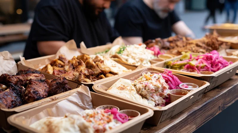 Cardboard trays filled with barbecue meats and side dishes arranged on a wooden counter at a food stall