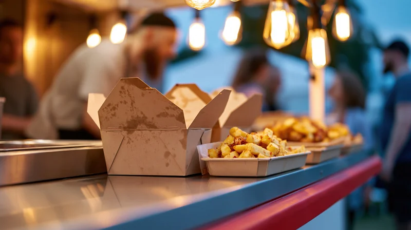 Food truck counter with open cardboard boxes and fries under warm hanging lights at evening outdoor event