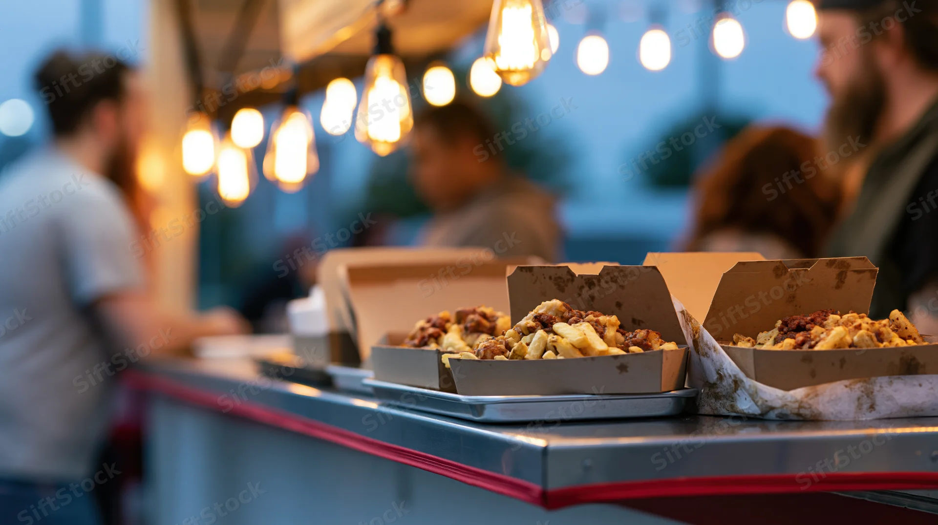 Food truck counter with open cardboard boxes of loaded fries under string lights at evening market