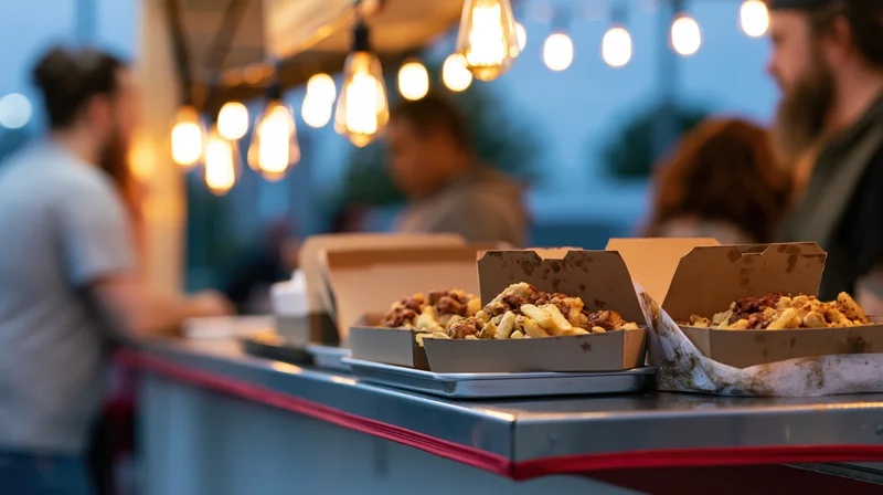 Food truck counter with open cardboard boxes of loaded fries under string lights at evening market